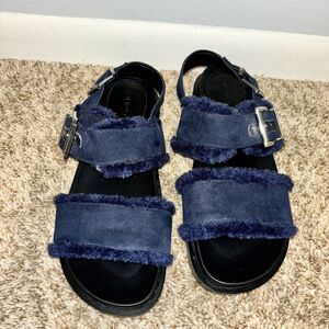 Aerosoles Blue Lada Faux Shearling Double-Strap Slingback Fisherman Sandals Sz 9